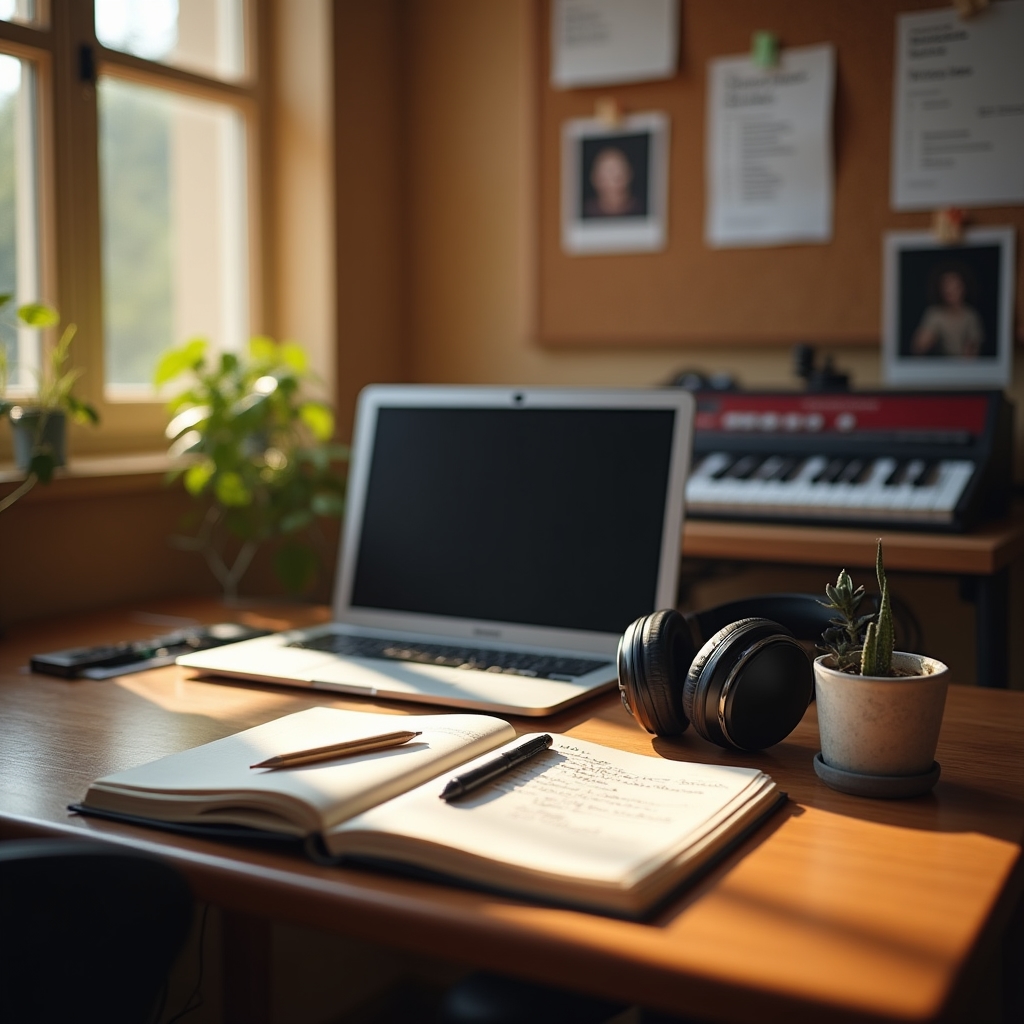 Arbeitsplatz im Studio mit Notizen und Kopfhörern