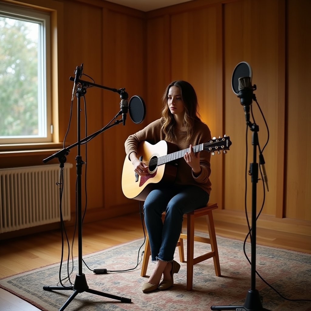 Aufnahme einer Akustikgitarre mit Mikrofon im Studio