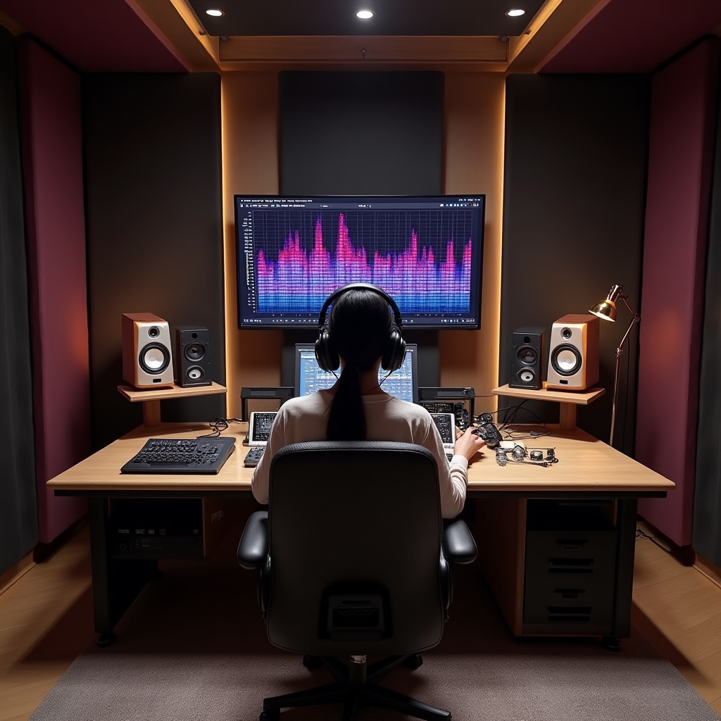 Mastering-Arbeitsplatz mit Referenzlautsprechern und Analyzer
